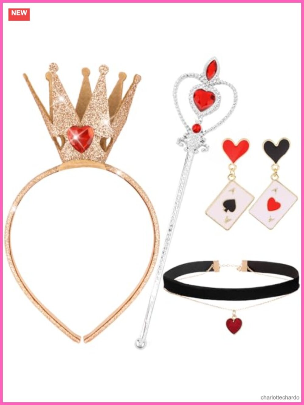 Queen of Hearts Costume Set Crown Headband Scepter Earrings Choker